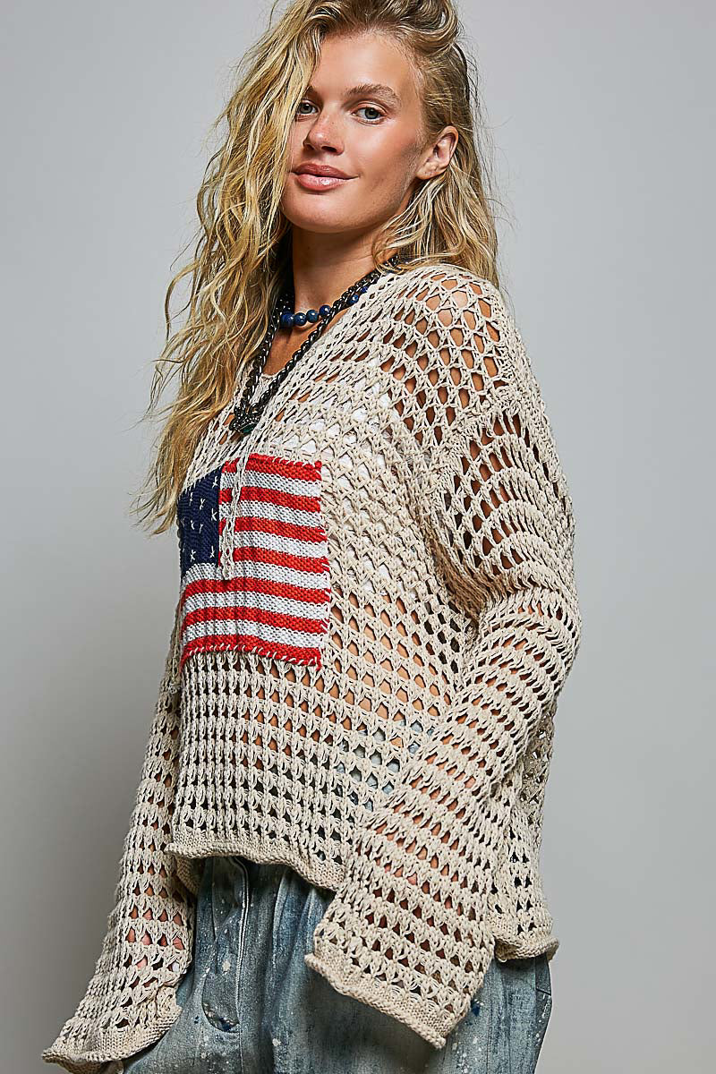 Glory Beige Crochet Hoodie with American Flag