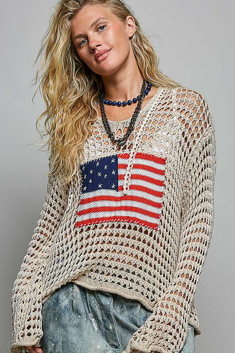 Glory Beige Crochet Hoodie with American Flag