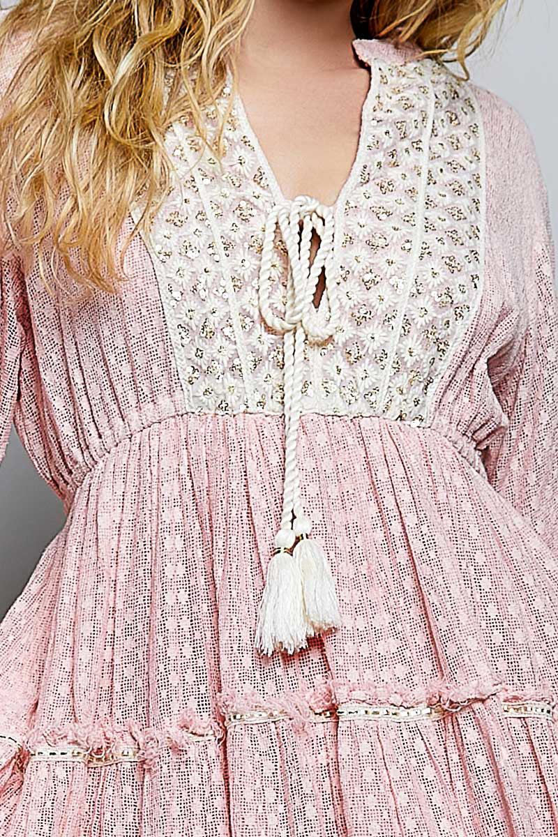 Charlotte Tiered Tassle Dress in Pink