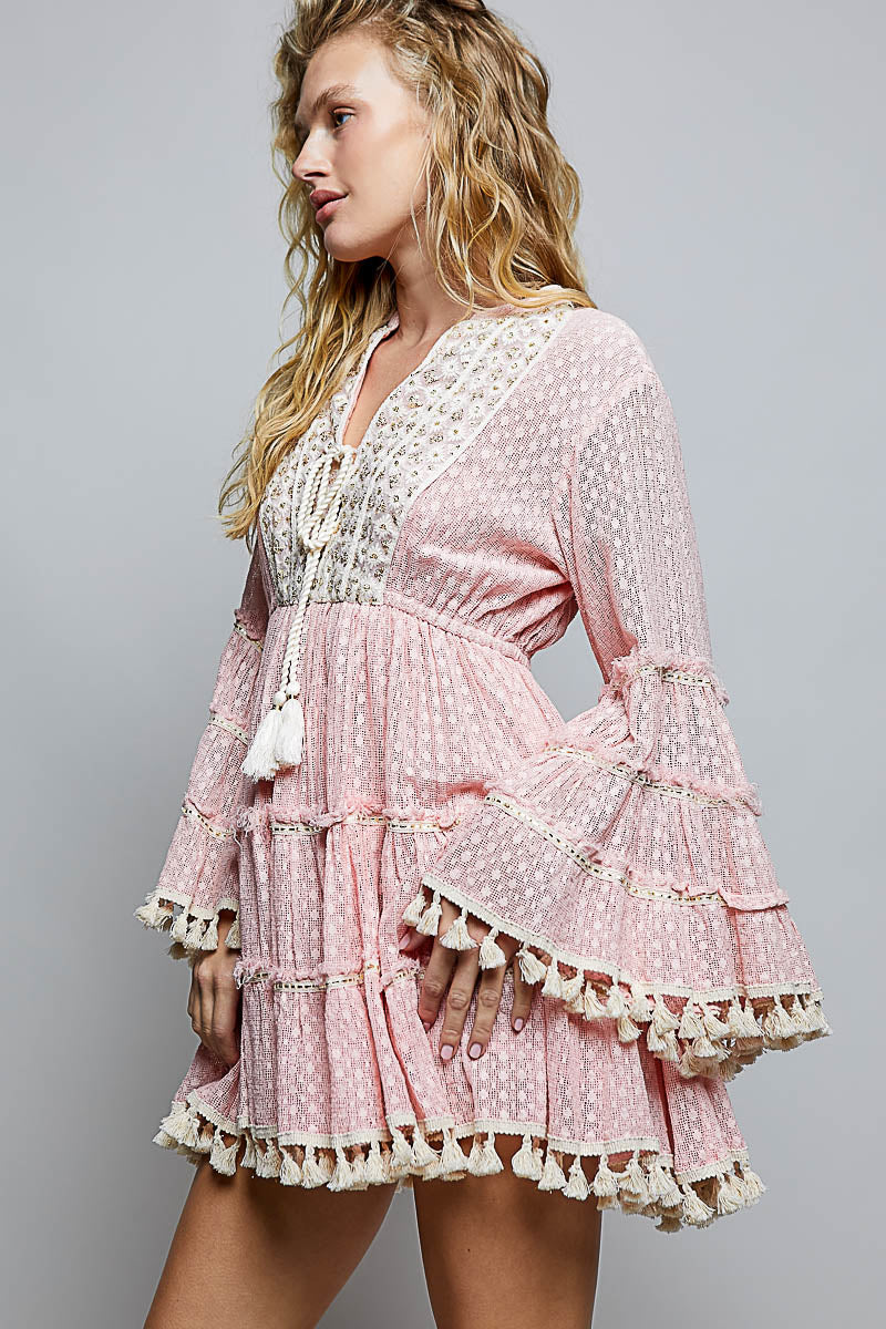 Charlotte Tiered Tassle Dress in Pink