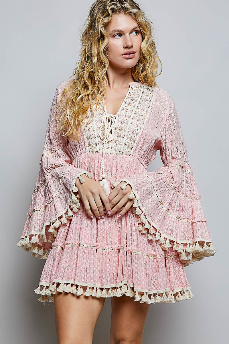 Charlotte Tiered Tassle Dress in Pink