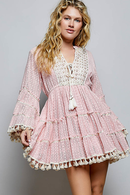 Charlotte Tiered Tassle Dress in Pink