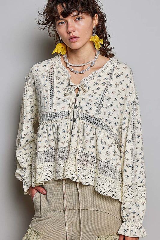 Cecilia Floral Ruffle Tie Top in Natural