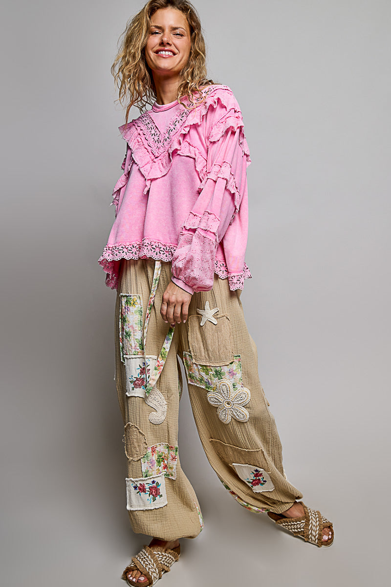 Katherine French Terry Top with Ruffles in Candy Pink