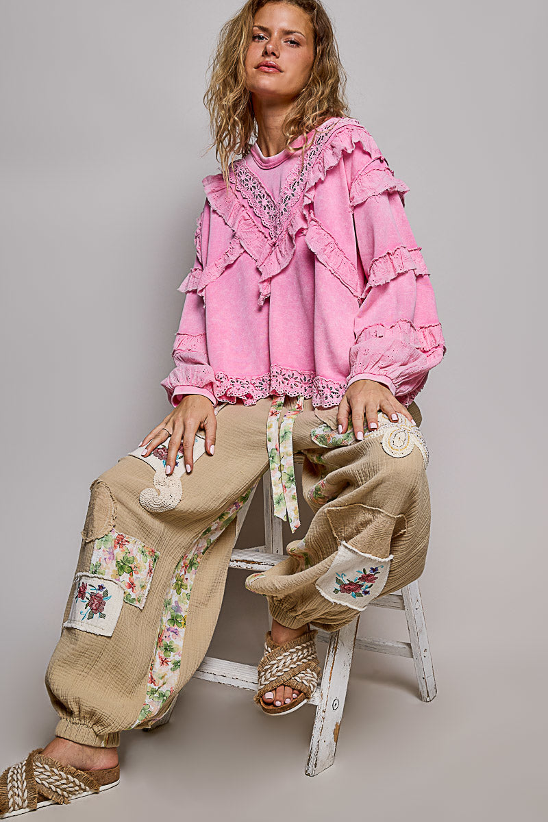 Katherine French Terry Top with Ruffles in Candy Pink