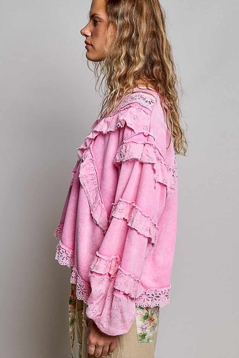 Katherine French Terry Top with Ruffles in Candy Pink