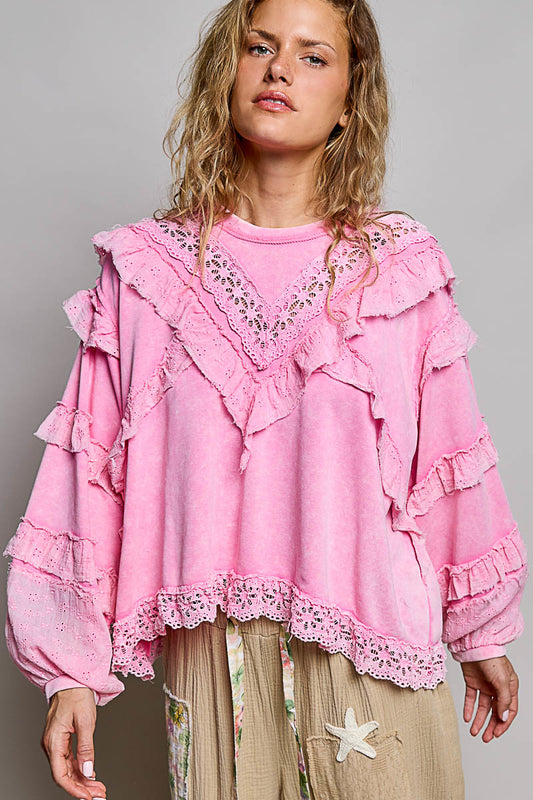 Katherine French Terry Top with Ruffles in Candy Pink