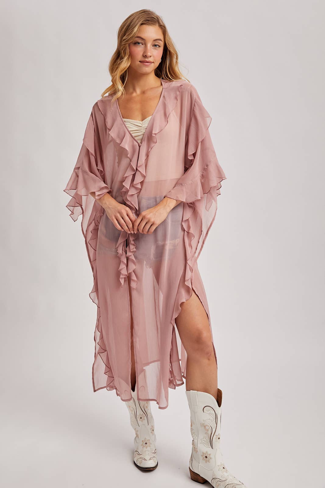 JESSICA SHEER RUFFLED OPEN FRONT KIMONO COVER-UP DRESS