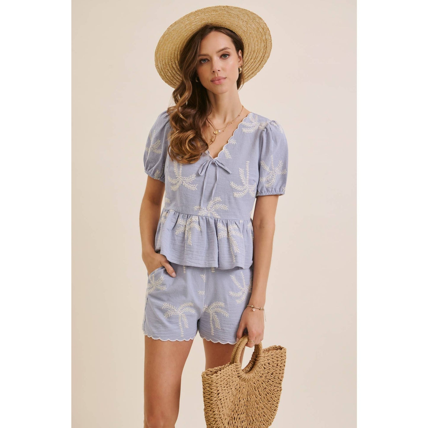 CABO SUN-KISSED BREEZY EMBROIDERED GAUZE BLOUSE WITH SHORTS WITH SCALLOP HEM SET