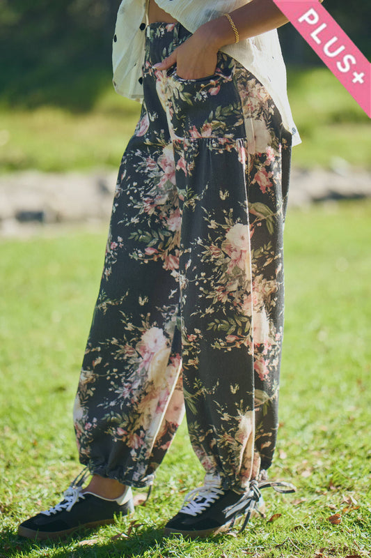 LIBBY PLUS FLORAL PRINT DENIM WIDE MID HIGH WAIST PANT