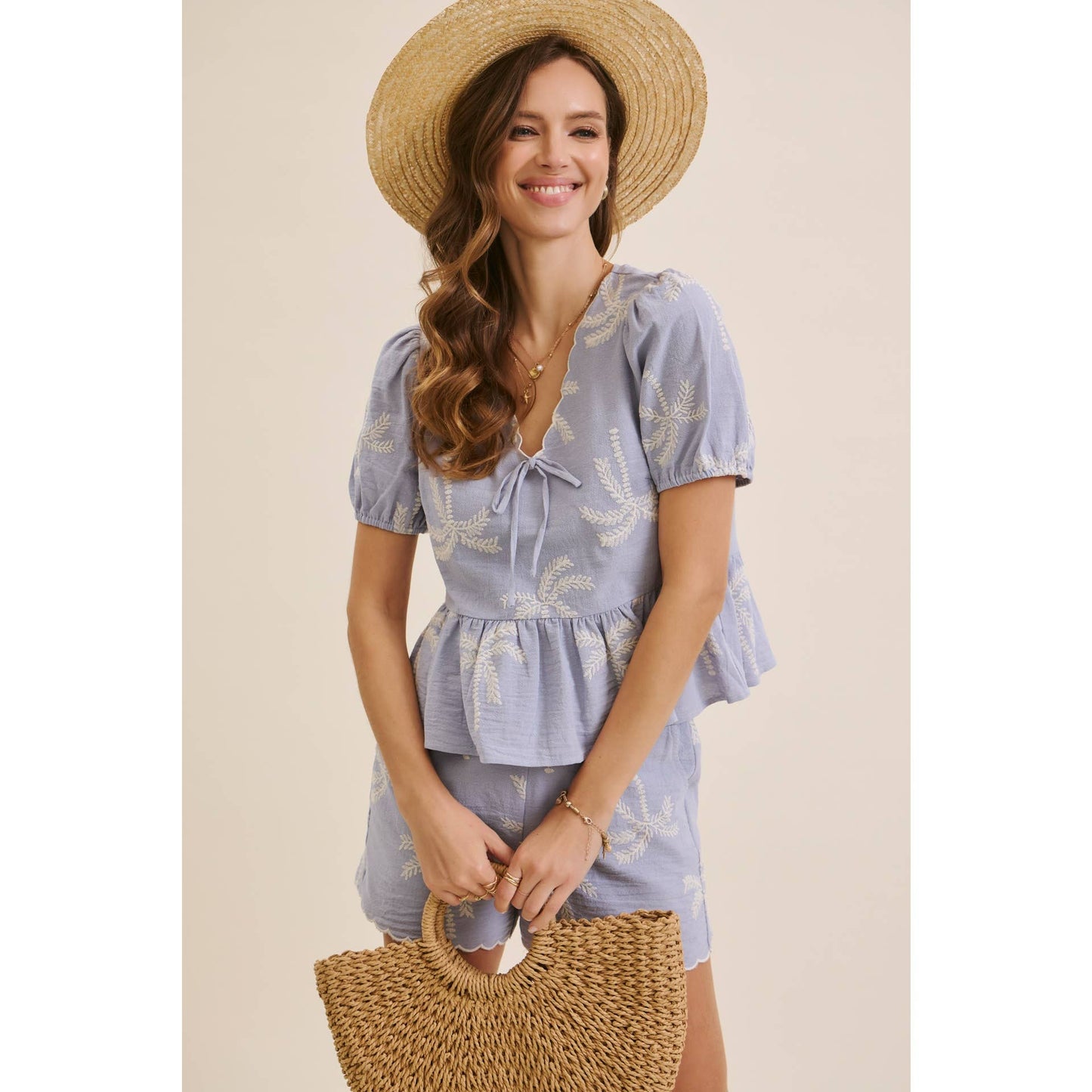 CABO SUN-KISSED BREEZY EMBROIDERED GAUZE BLOUSE WITH SHORTS WITH SCALLOP HEM SET