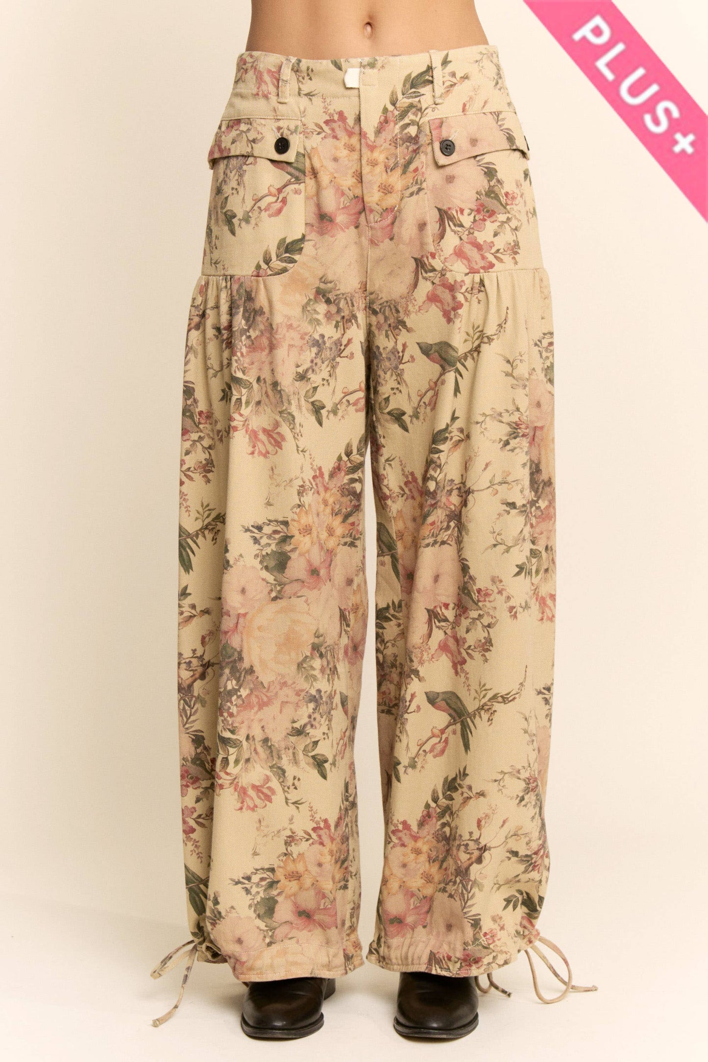 LIBBY PLUS FLORAL PRINT DENIM WIDE MID HIGH WAIST PANT