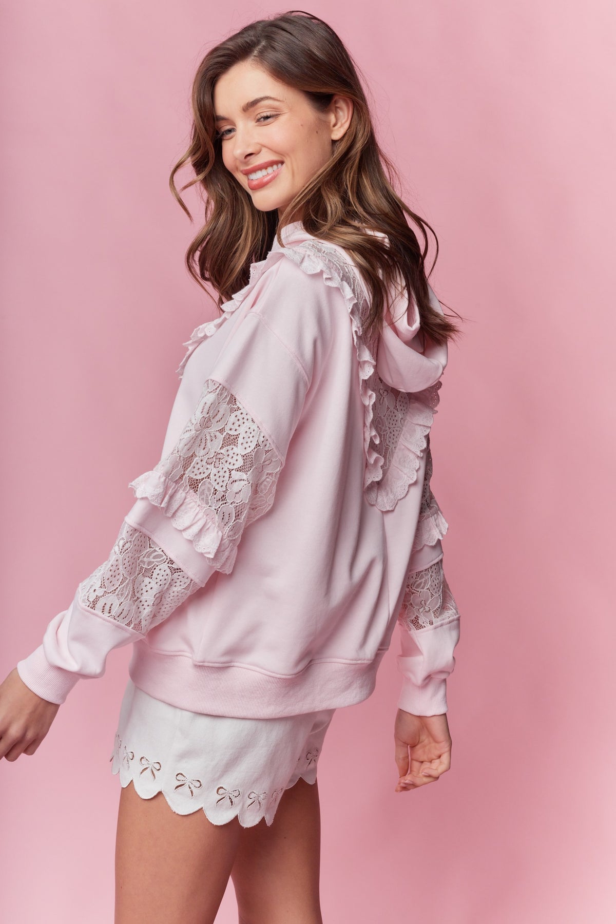 Trista Baby Pink Ruffle Lace Hoodie