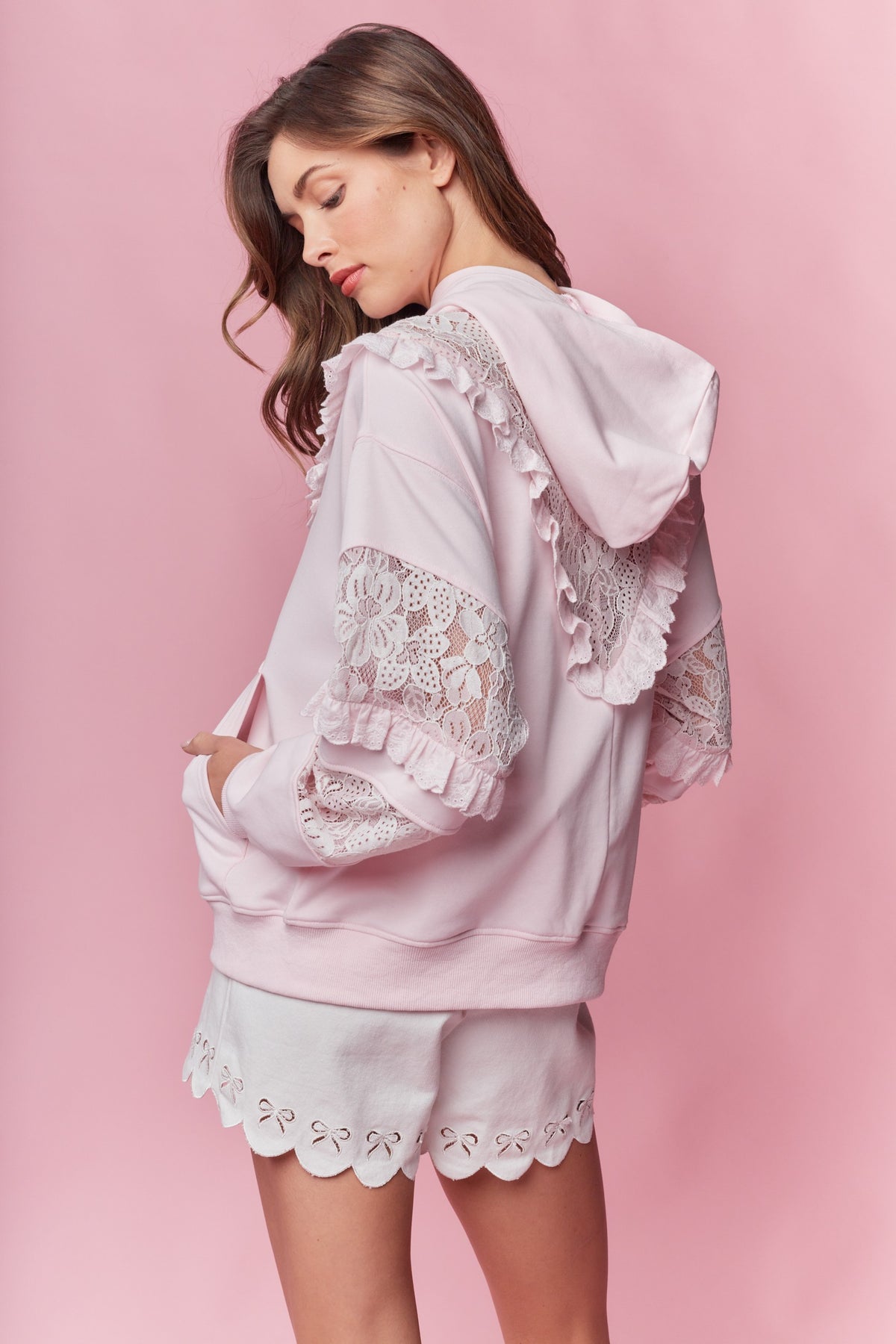 Trista Baby Pink Ruffle Lace Hoodie