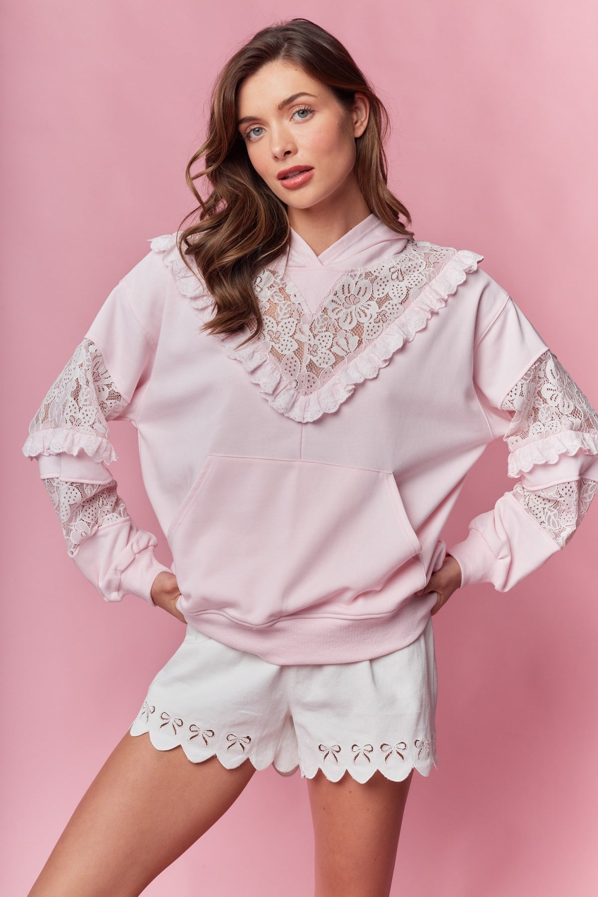 Trista Baby Pink Ruffle Lace Hoodie