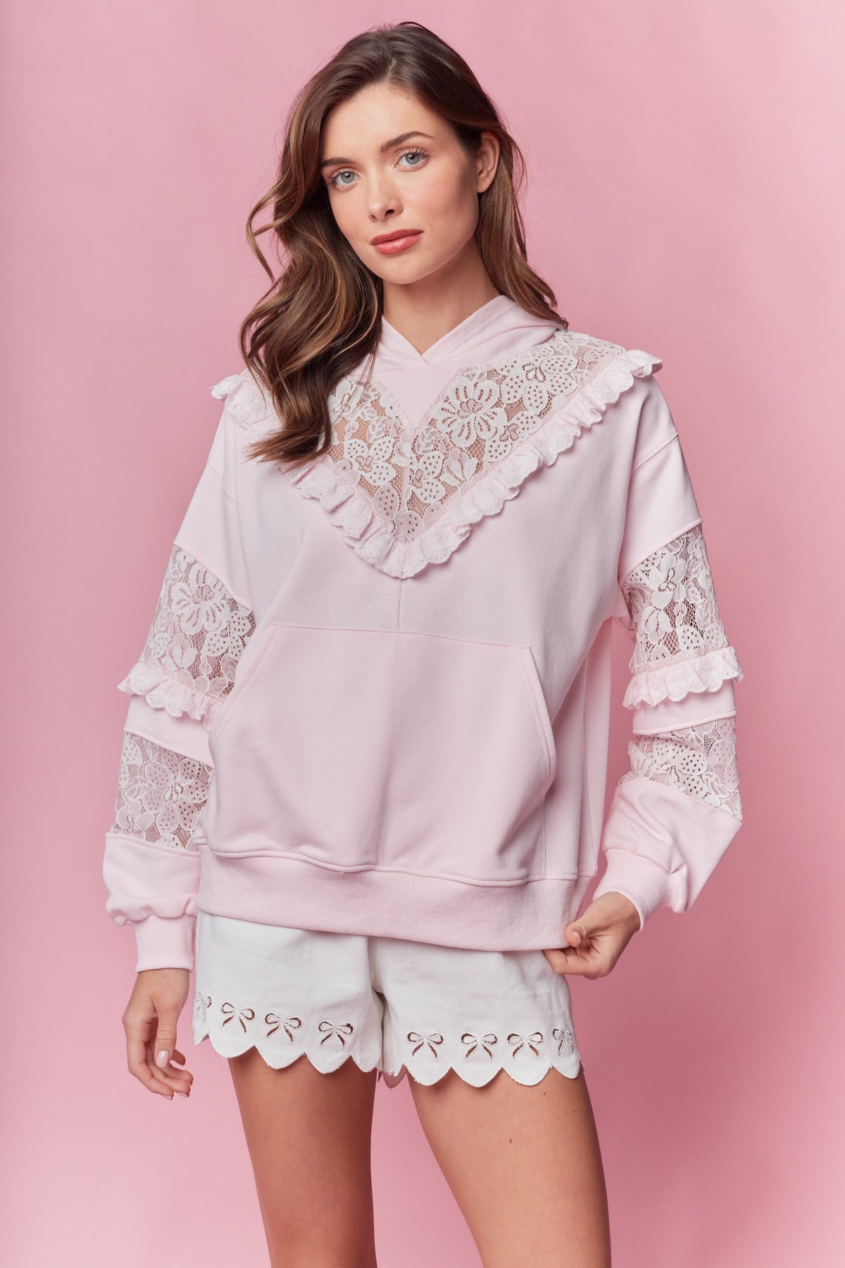Trista Baby Pink Ruffle Lace Hoodie