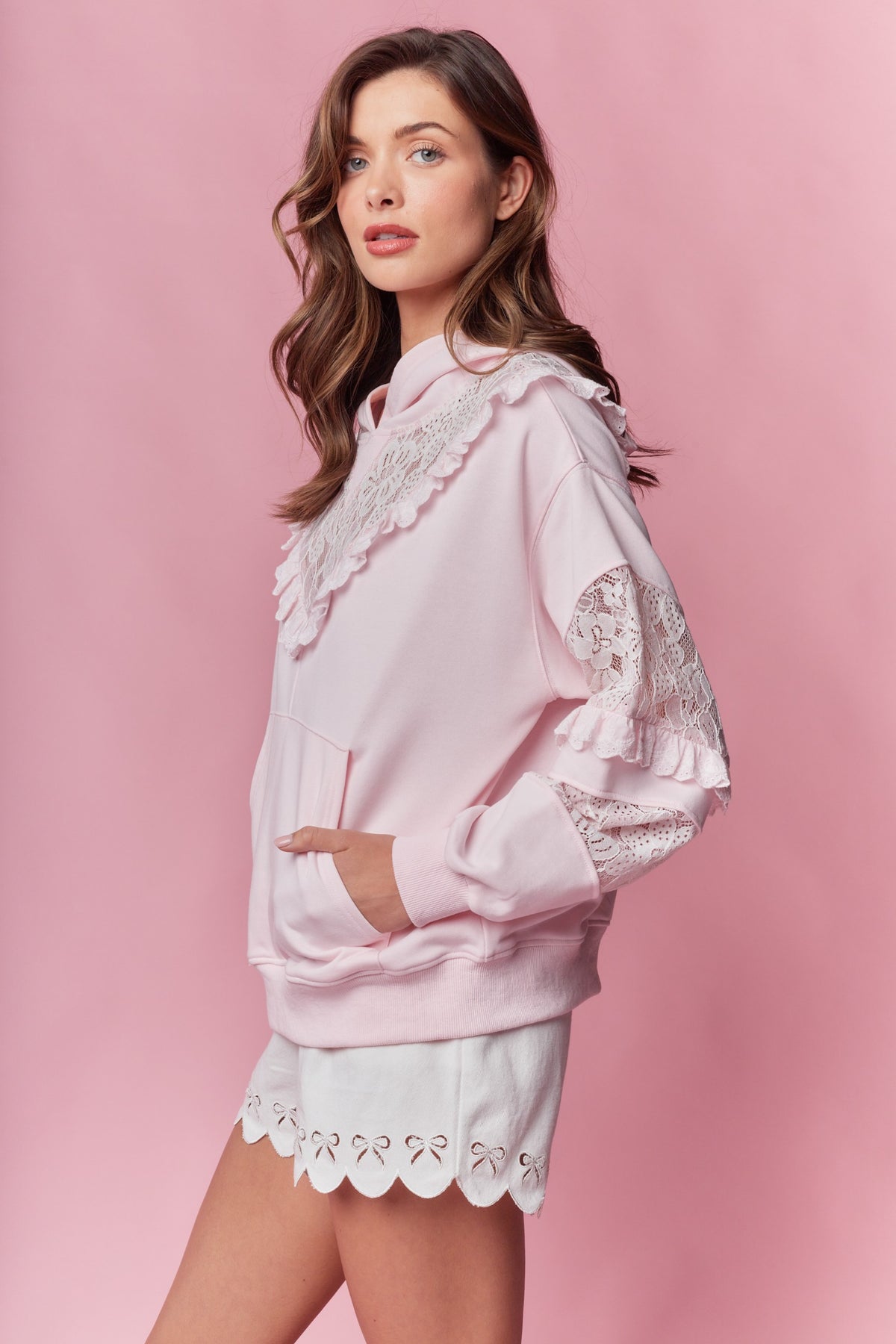 Trista Baby Pink Ruffle Lace Hoodie