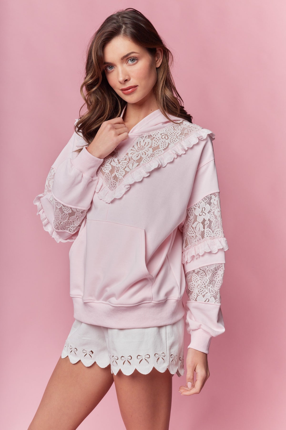 Trista Baby Pink Ruffle Lace Hoodie