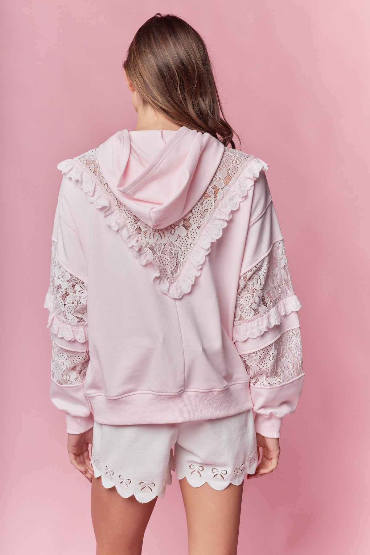 Trista Baby Pink Ruffle Lace Hoodie