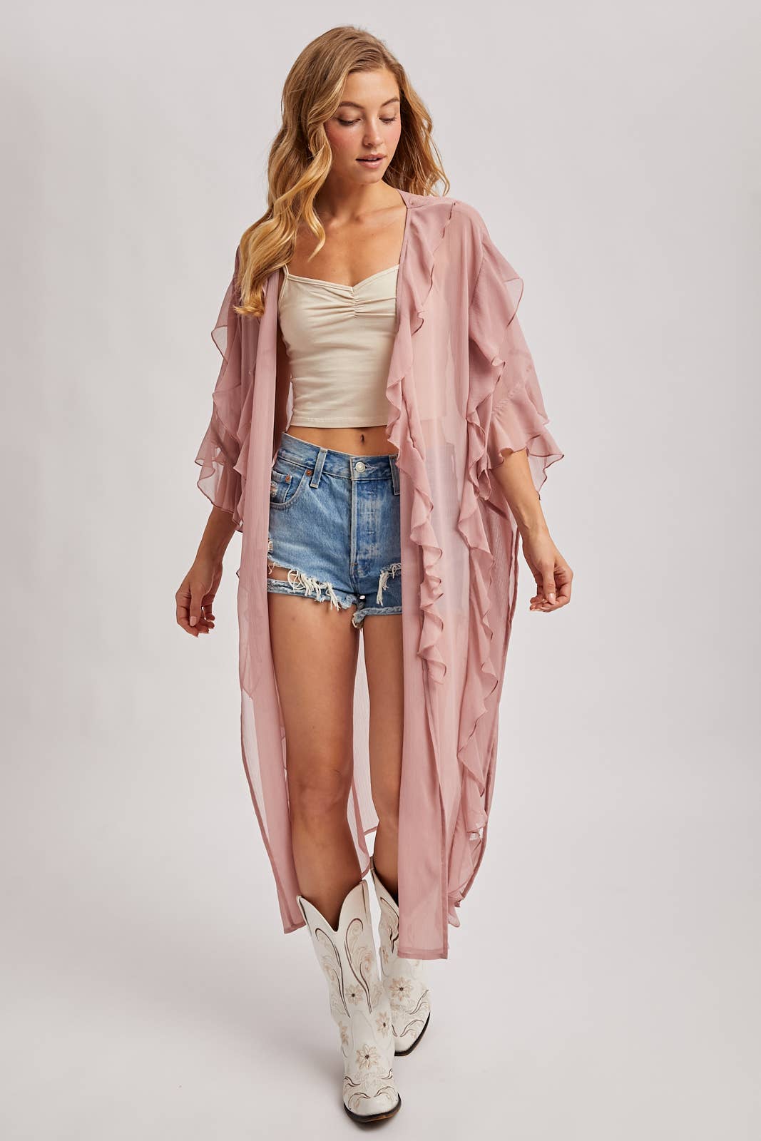 JESSICA SHEER RUFFLED OPEN FRONT KIMONO COVER-UP DRESS