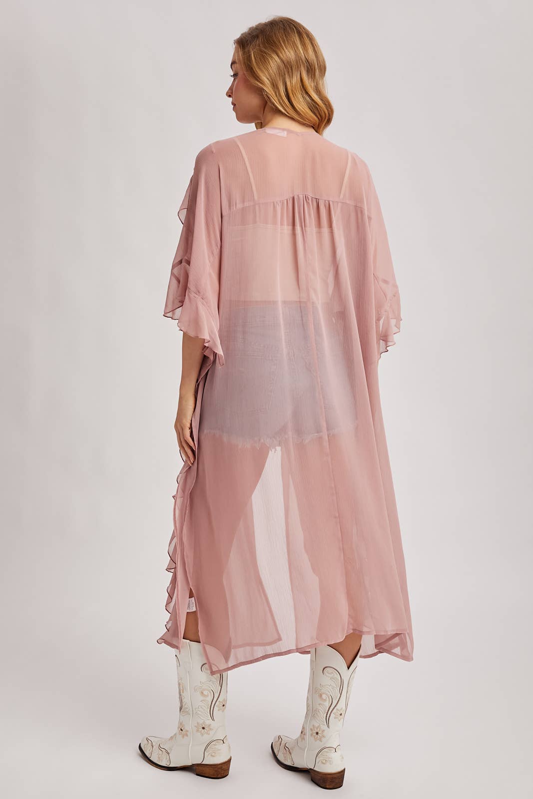JESSICA SHEER RUFFLED OPEN FRONT KIMONO COVER-UP DRESS