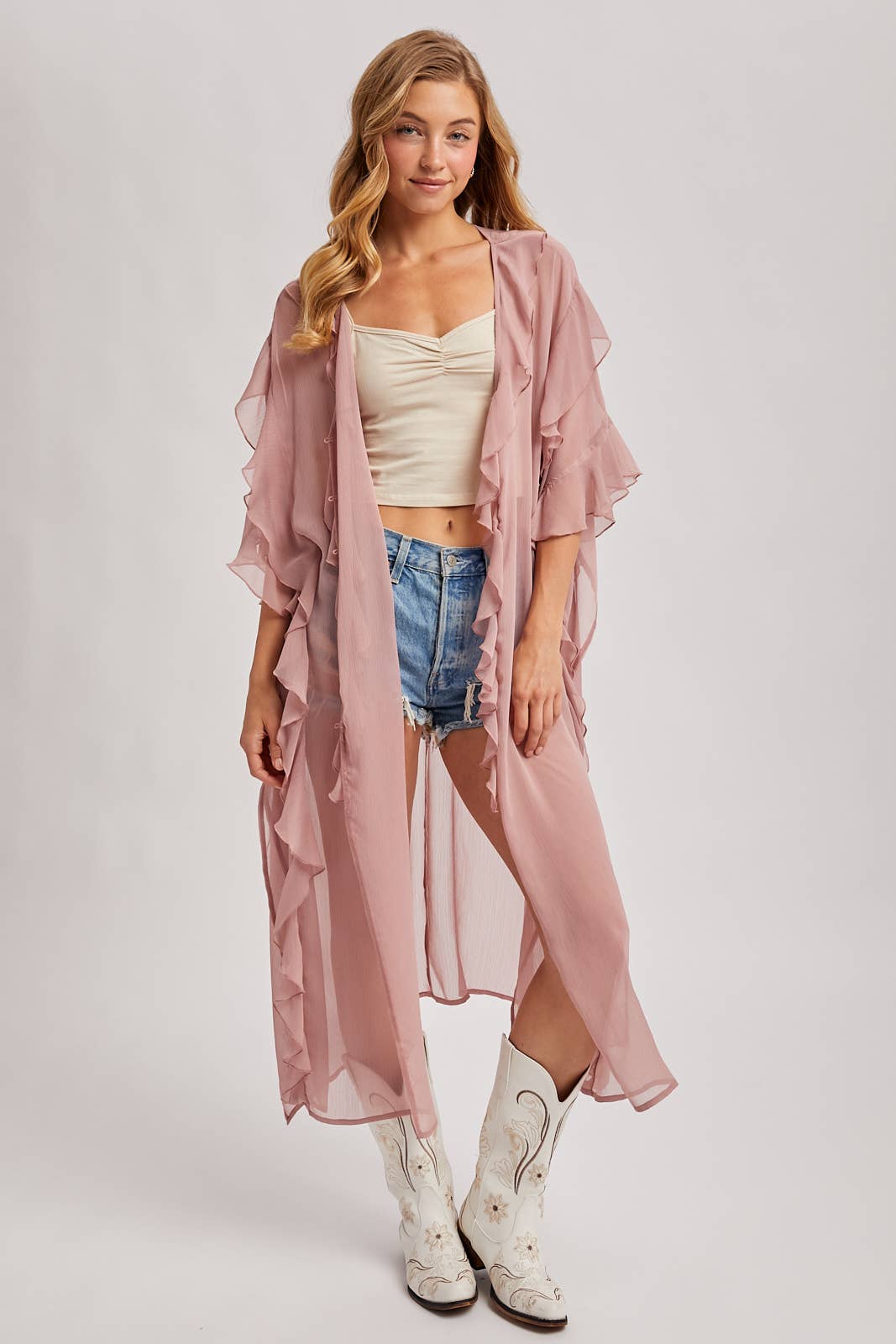 JESSICA SHEER RUFFLED OPEN FRONT KIMONO COVER-UP DRESS