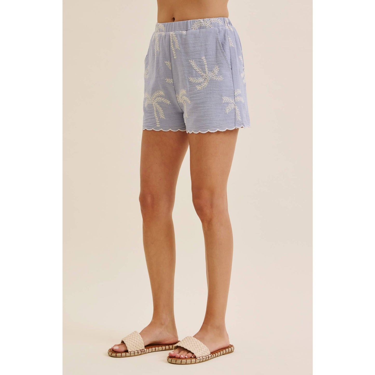 CABO SUN-KISSED BREEZY EMBROIDERED GAUZE BLOUSE WITH SHORTS WITH SCALLOP HEM SET