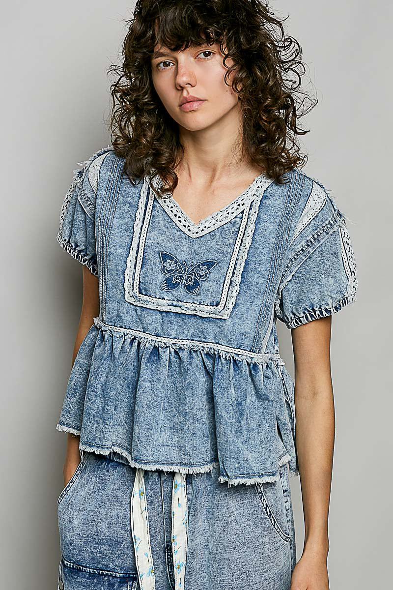 Livie Butterfly Denim Embroidered Top