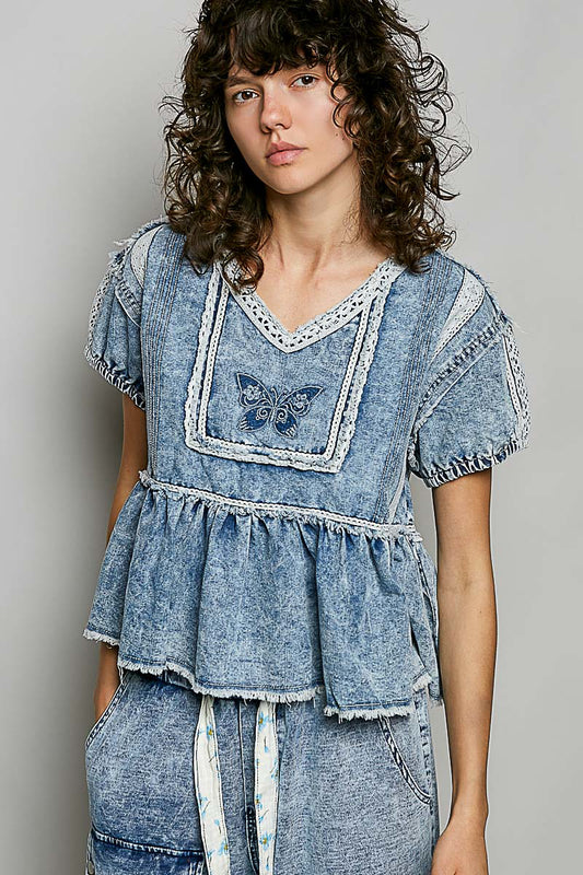 Livie Butterfly Denim Embroidered Top