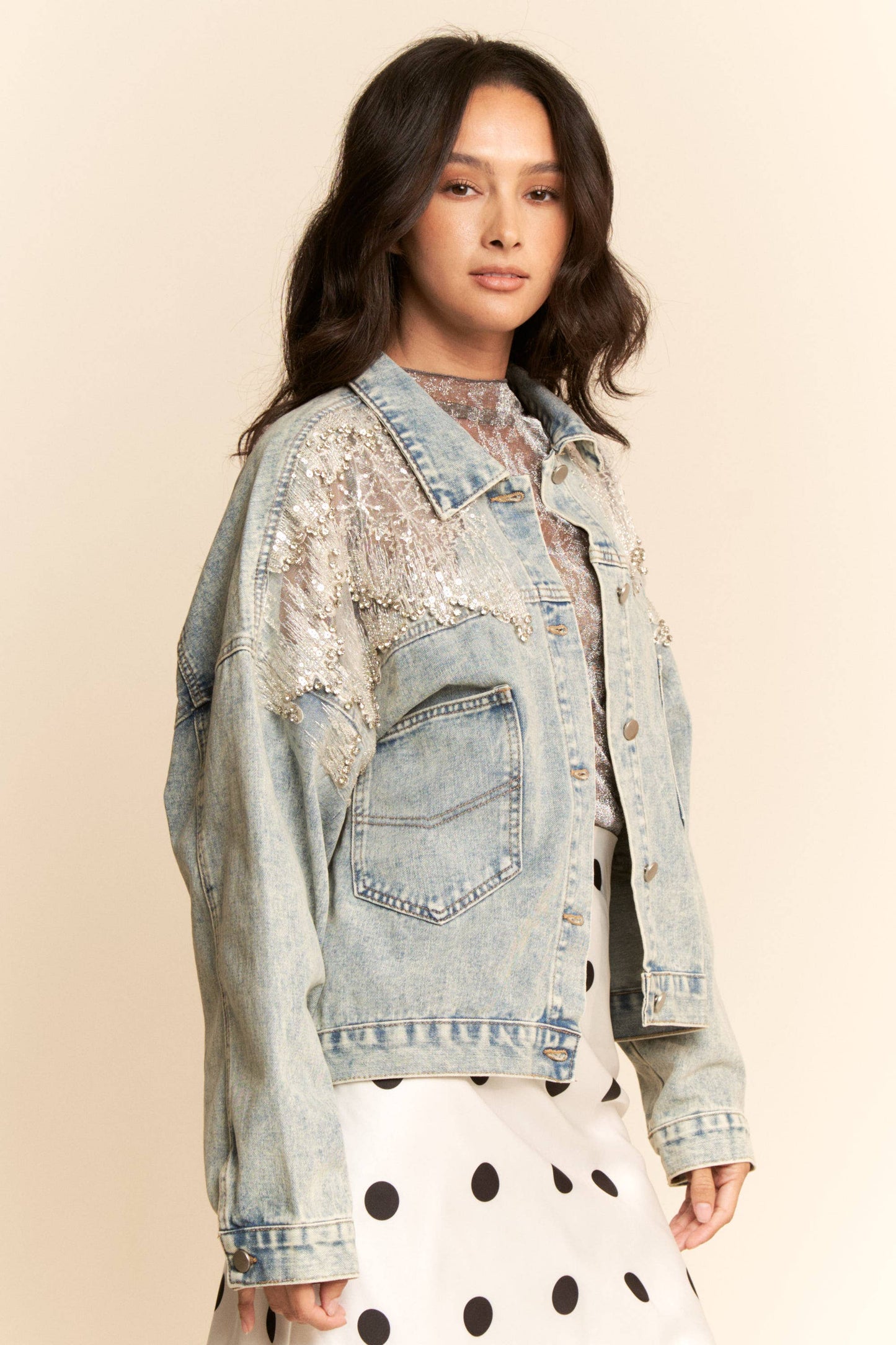 KATE MESH STITCHING BUTTON DOWN DENIM JACKET- RESTOCKS JUNE 2ND