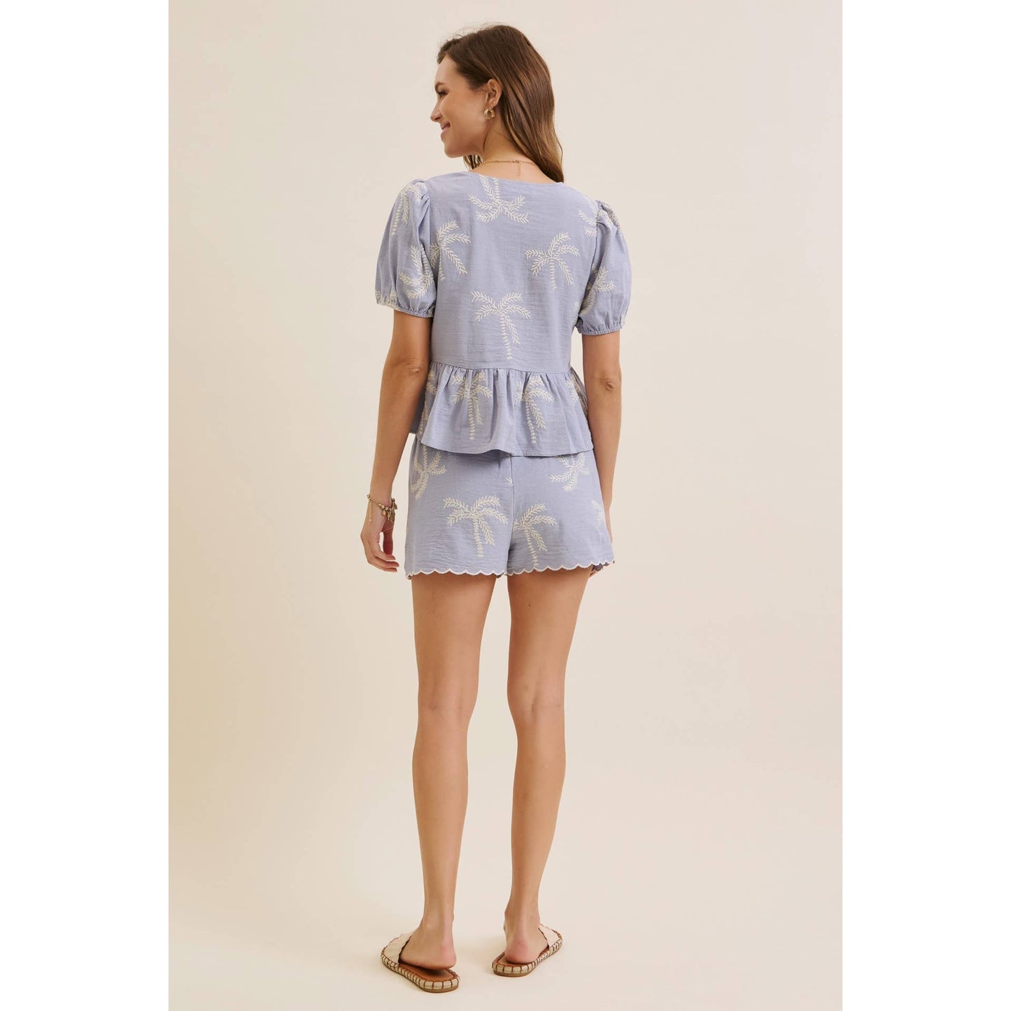 CABO SUN-KISSED BREEZY EMBROIDERED GAUZE BLOUSE WITH SHORTS WITH SCALLOP HEM SET