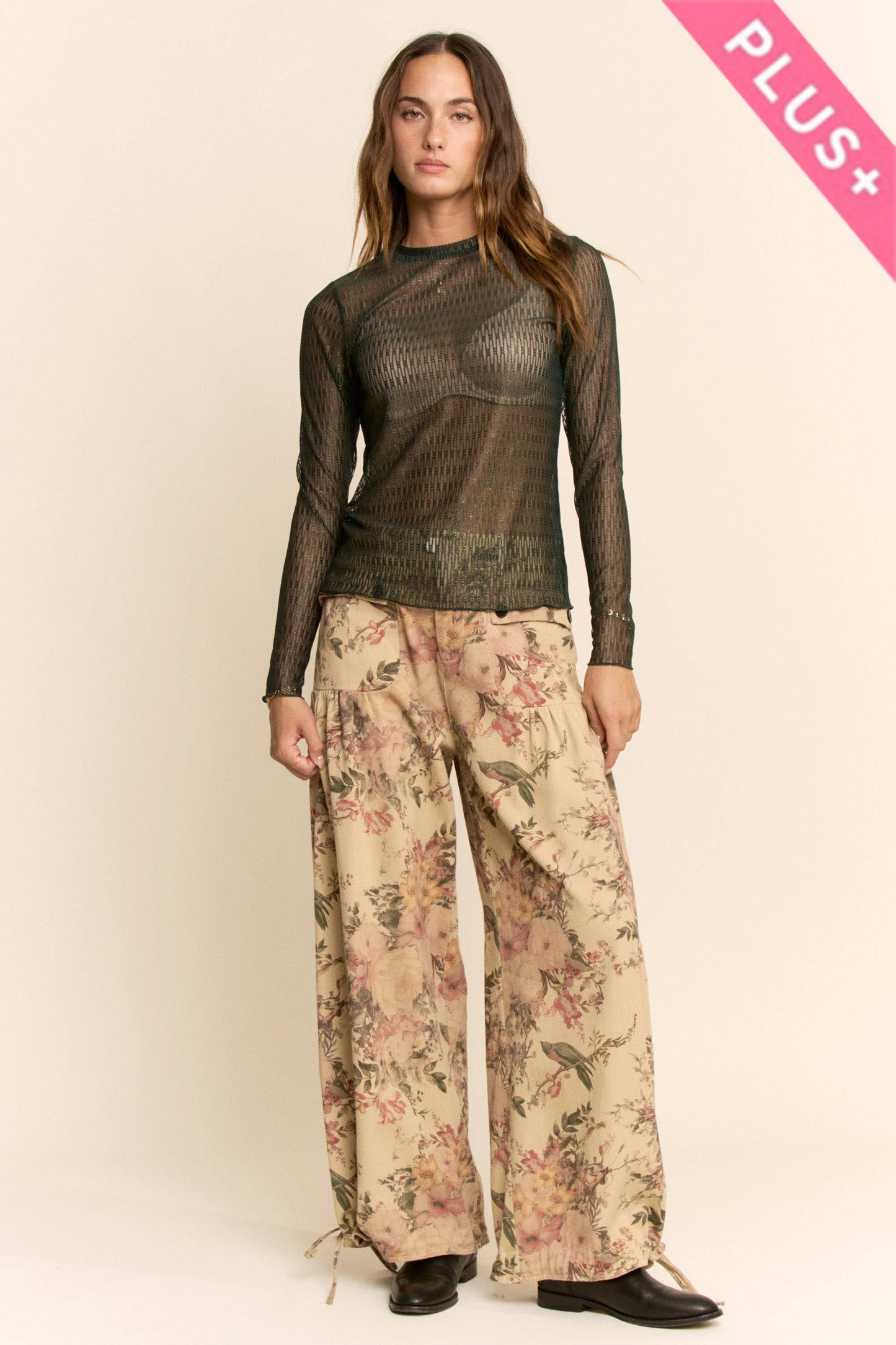 LIBBY PLUS FLORAL PRINT DENIM WIDE MID HIGH WAIST PANT