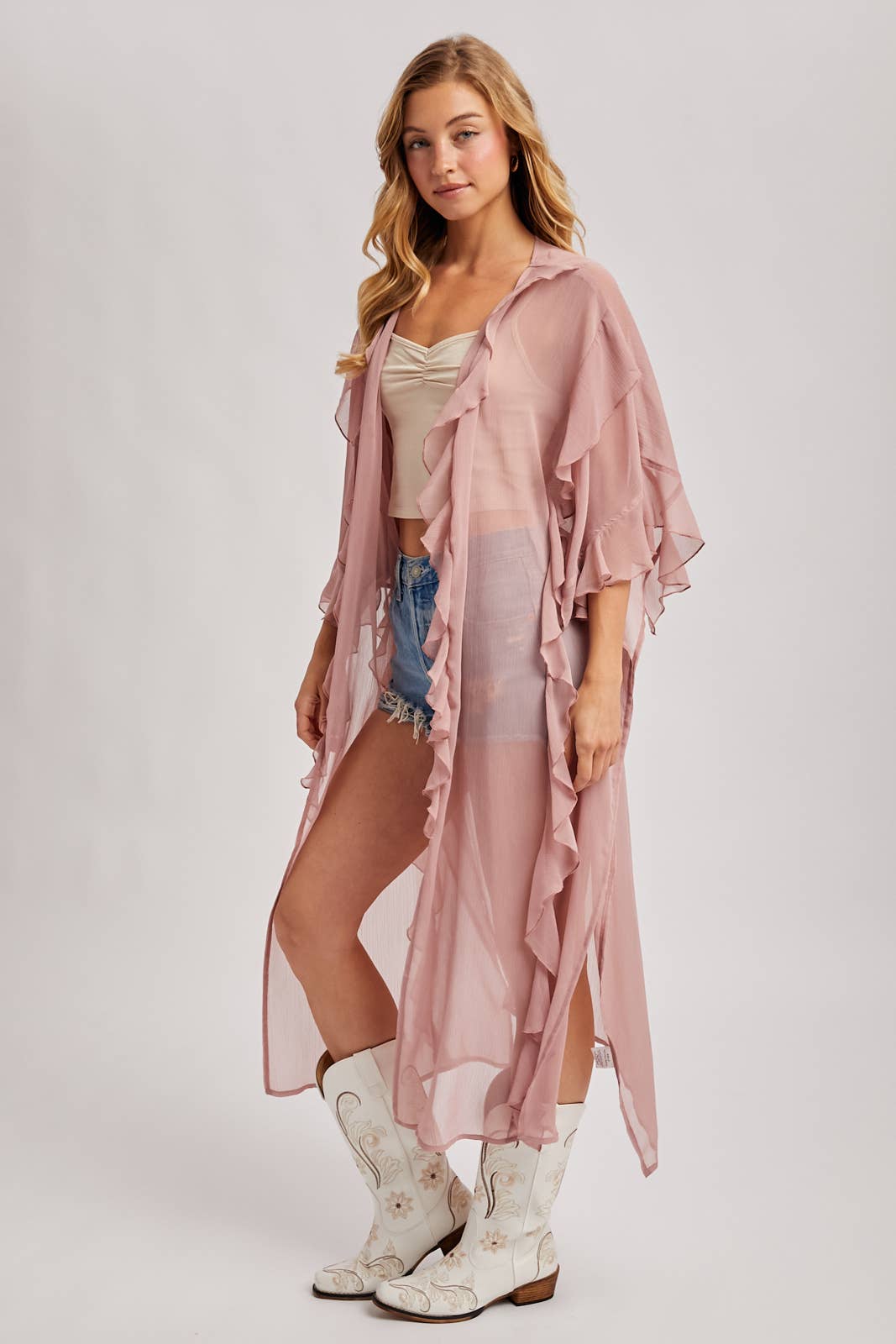 JESSICA SHEER RUFFLED OPEN FRONT KIMONO COVER-UP DRESS