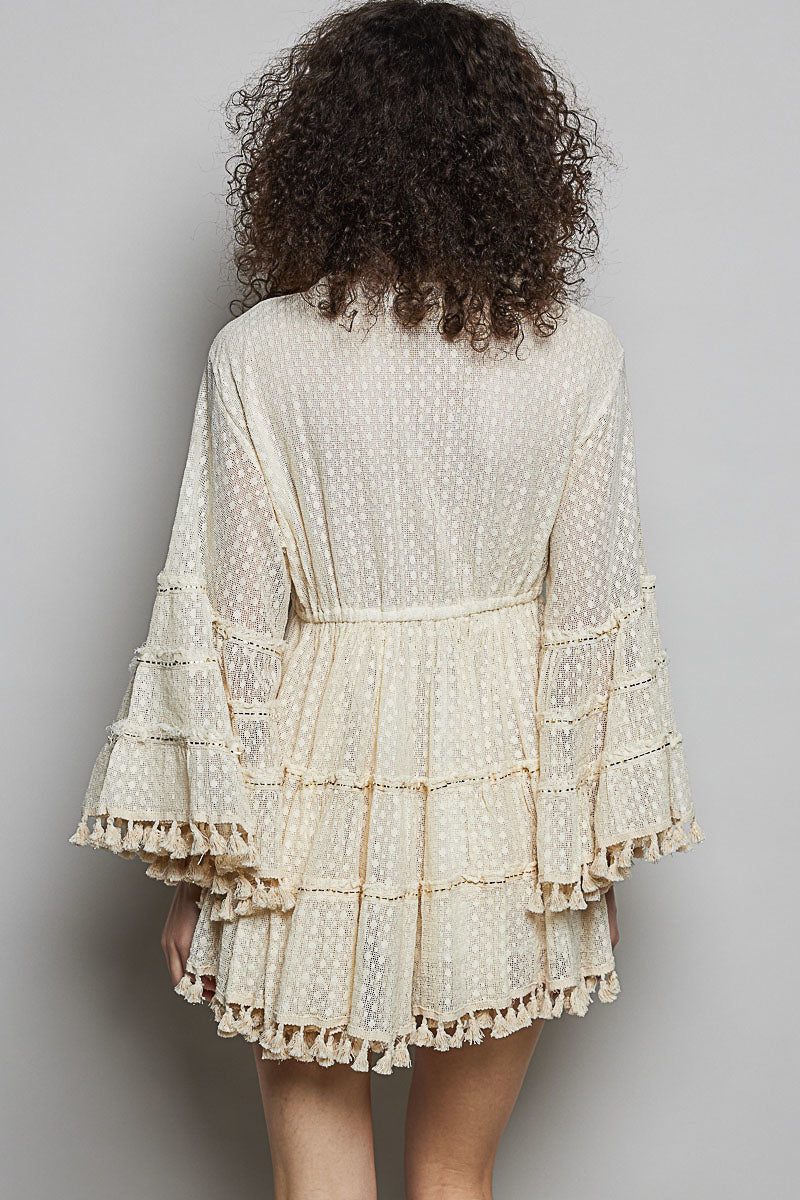 Ophelia Bell Sleeve Tassel Dress in Natural