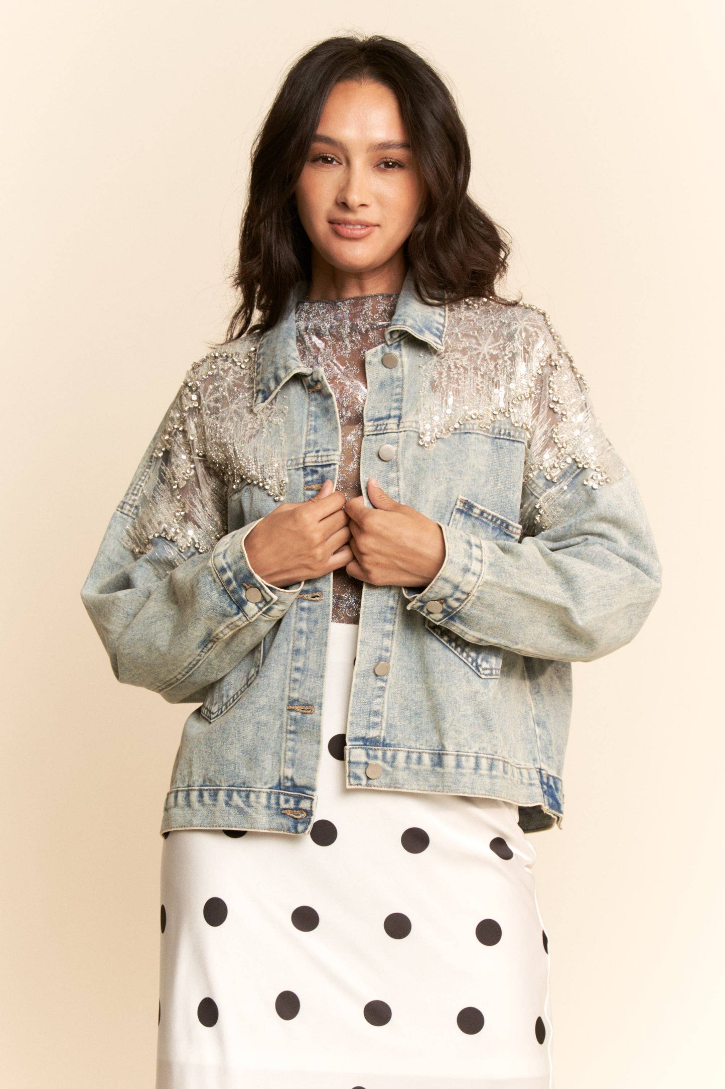 KATE MESH STITCHING BUTTON DOWN DENIM JACKET- RESTOCKS JUNE 2ND