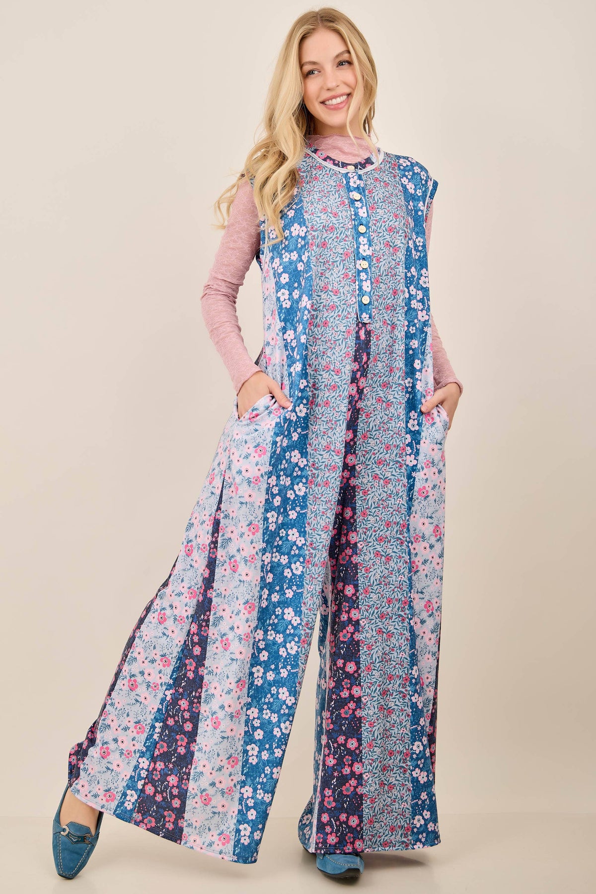 Pamela Petal Diary Terry Button Henley Jumpsuits HJ7416