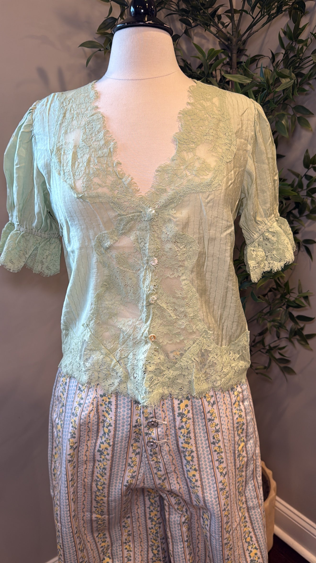 Whitney Sage Green Lace Button top