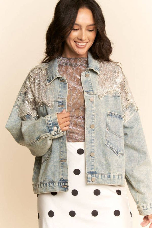 KATE MESH STITCHING BUTTON DOWN DENIM JACKET- RESTOCKS JUNE 2ND