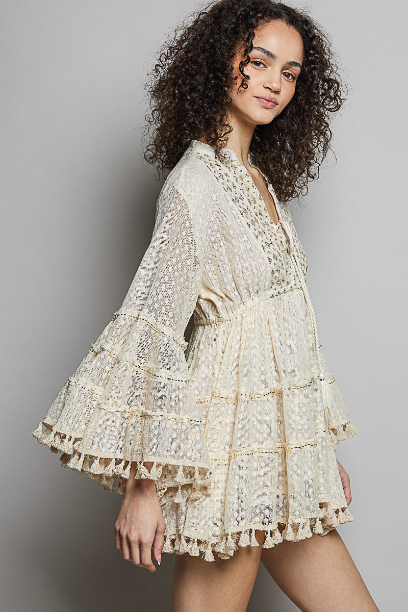 Ophelia Bell Sleeve Tassel Dress in Natural