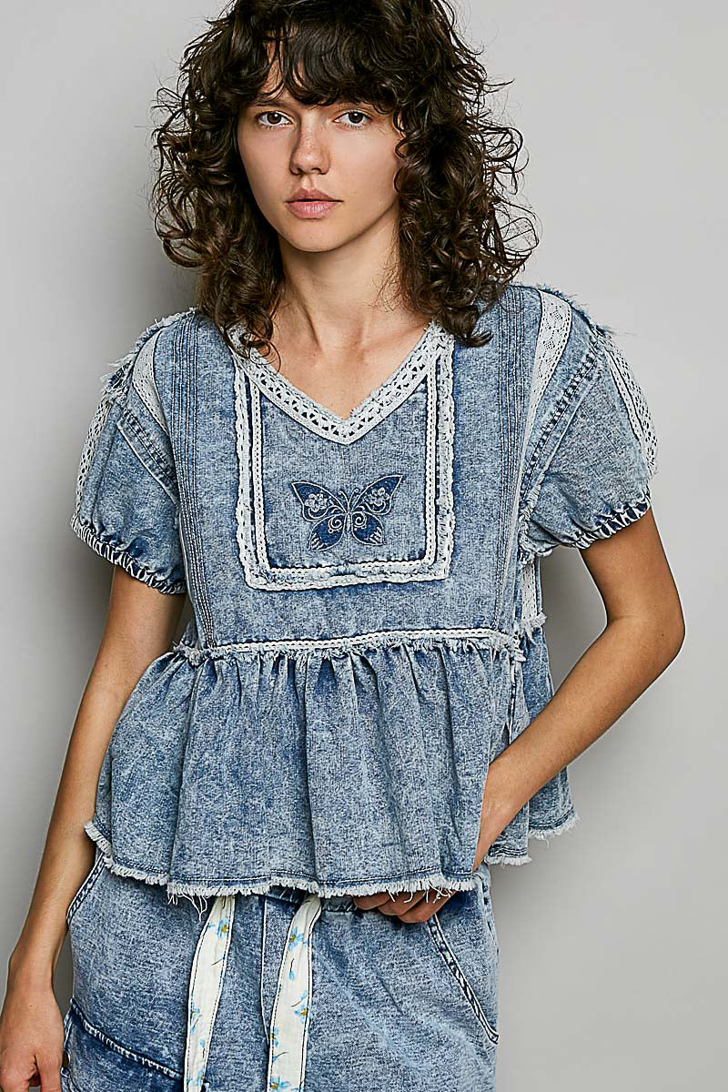 Livie Butterfly Denim Embroidered Top