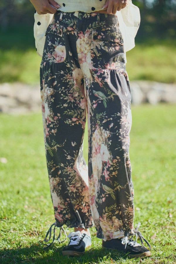 LIBBY FLORAL PRINTED DENIM WIDE MID HIGH WAIST PANT