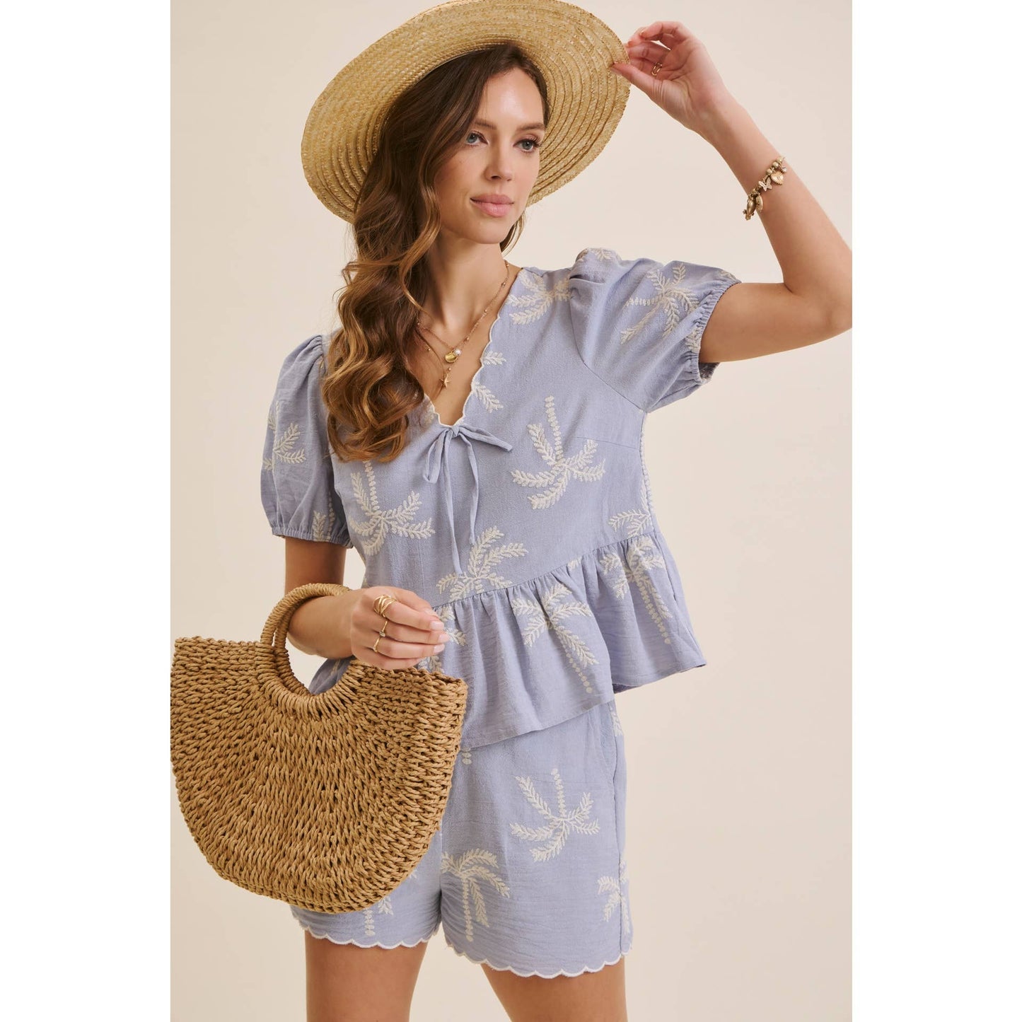 CABO SUN-KISSED BREEZY EMBROIDERED GAUZE BLOUSE WITH SHORTS WITH SCALLOP HEM SET