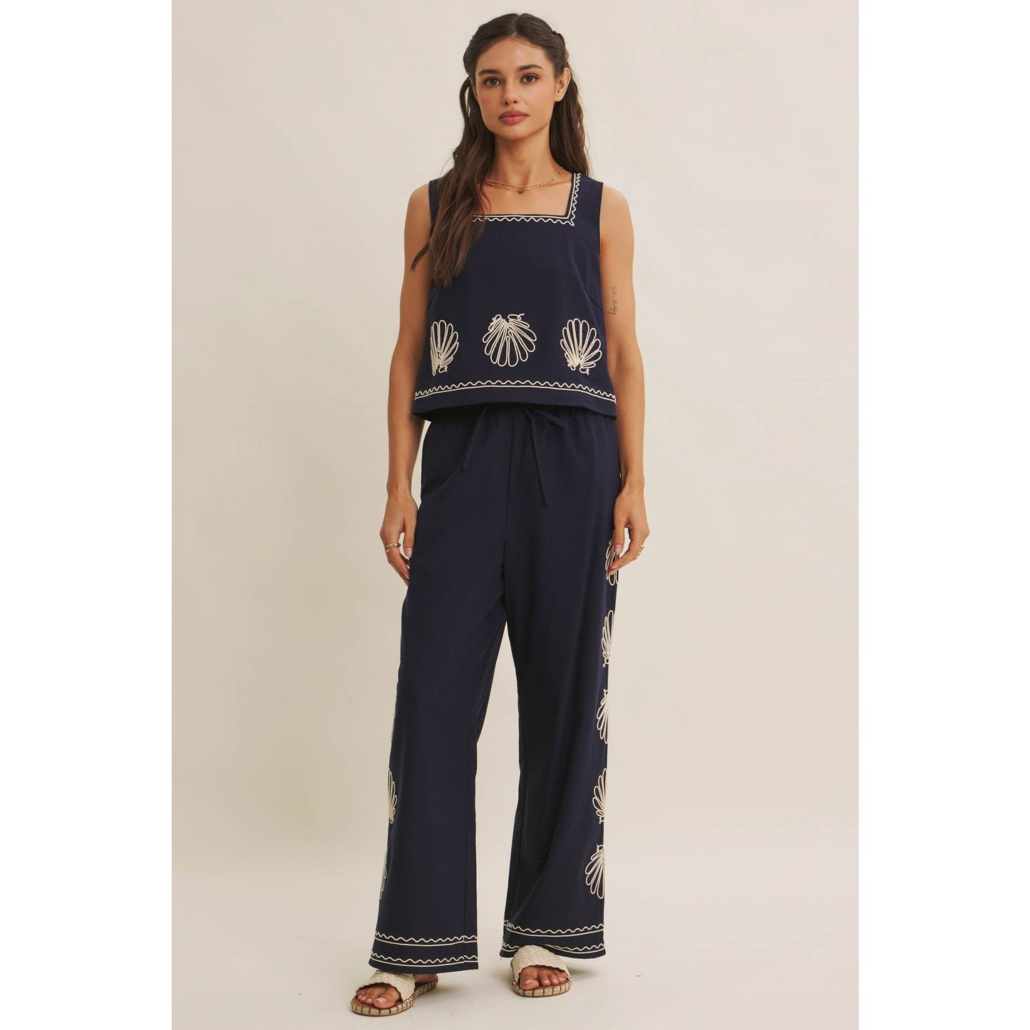 FIJI QUIET LUXURY COASTAL SEASHELL EMBROIDERED WIDE-LEG PANTS AND TOP SET