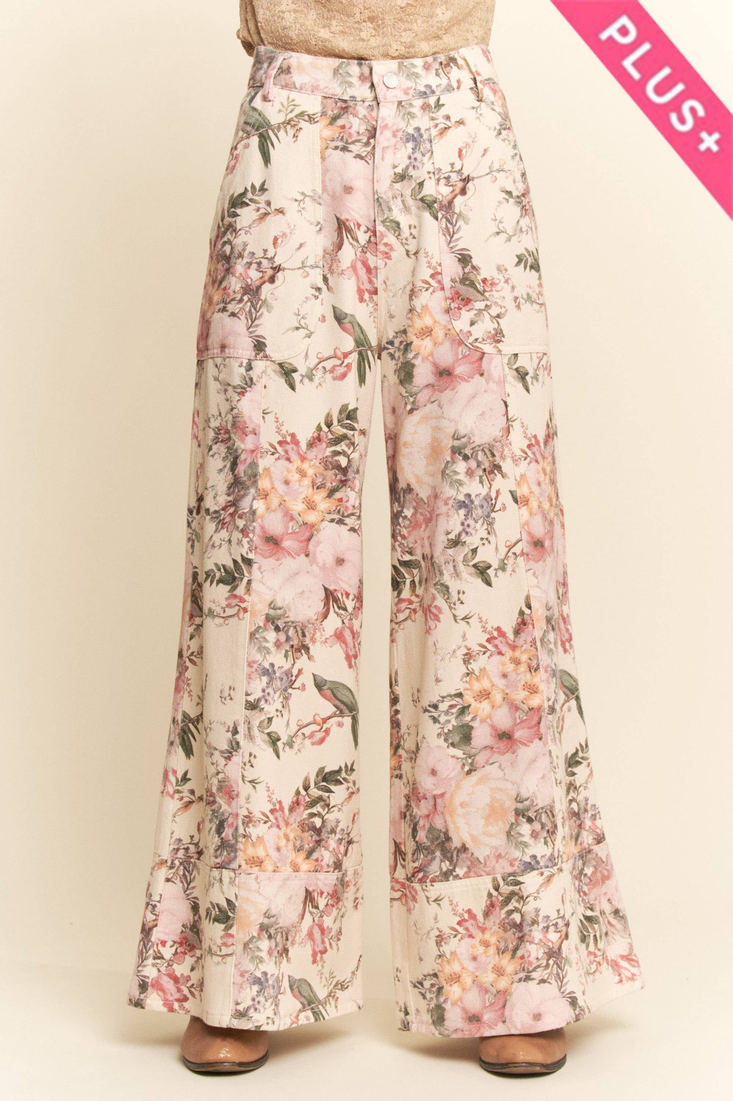GENEVIEVE PLUS WASHED  RUFFLE LACE BOTTOM PANTS