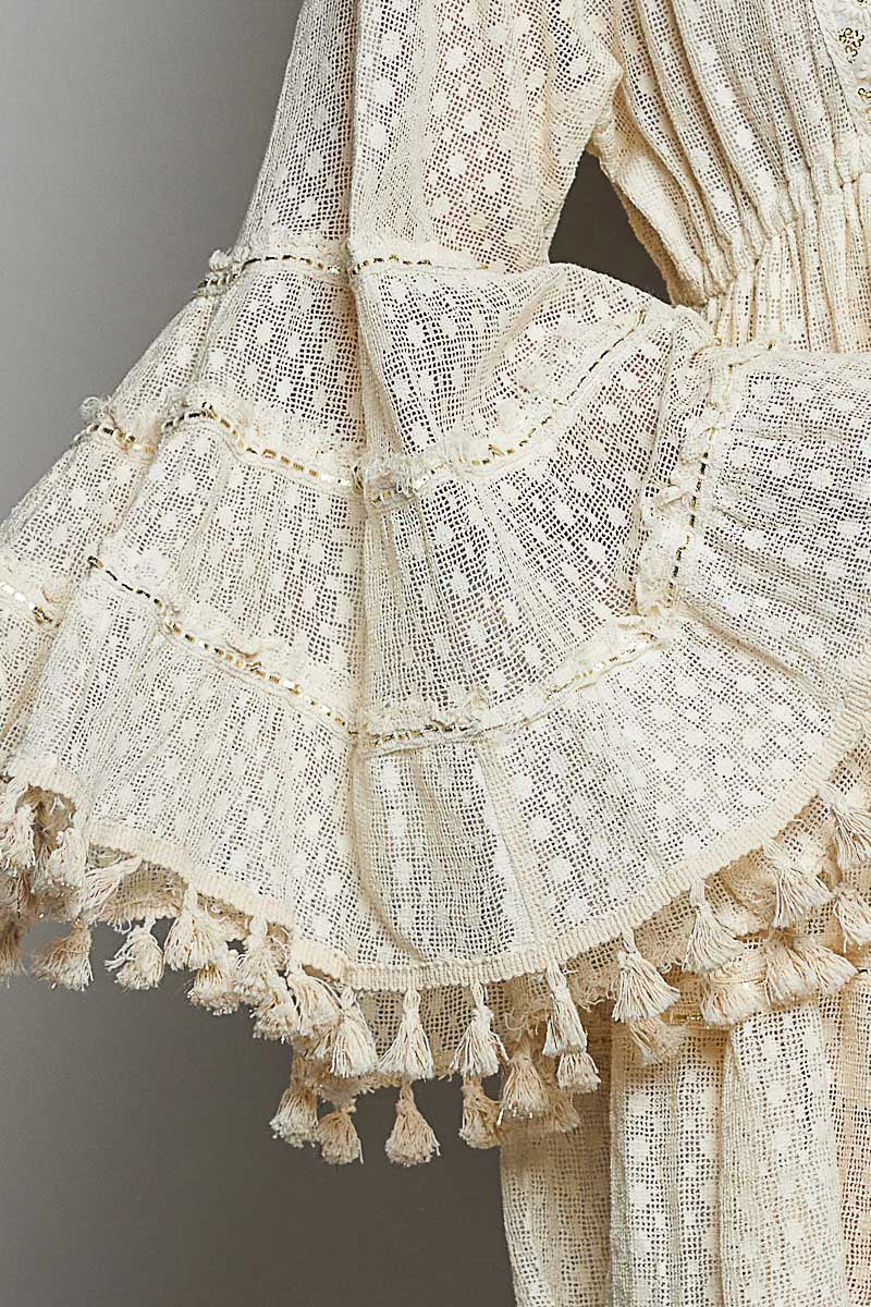 Ophelia Bell Sleeve Tassel Dress in Natural