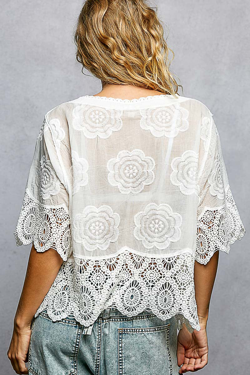 Helen Off White Embroidered and Lace Top