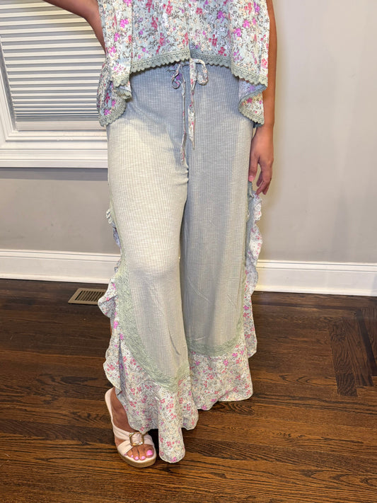 Ivy Ribbed Floral Ruffle Pants with Side Slits
