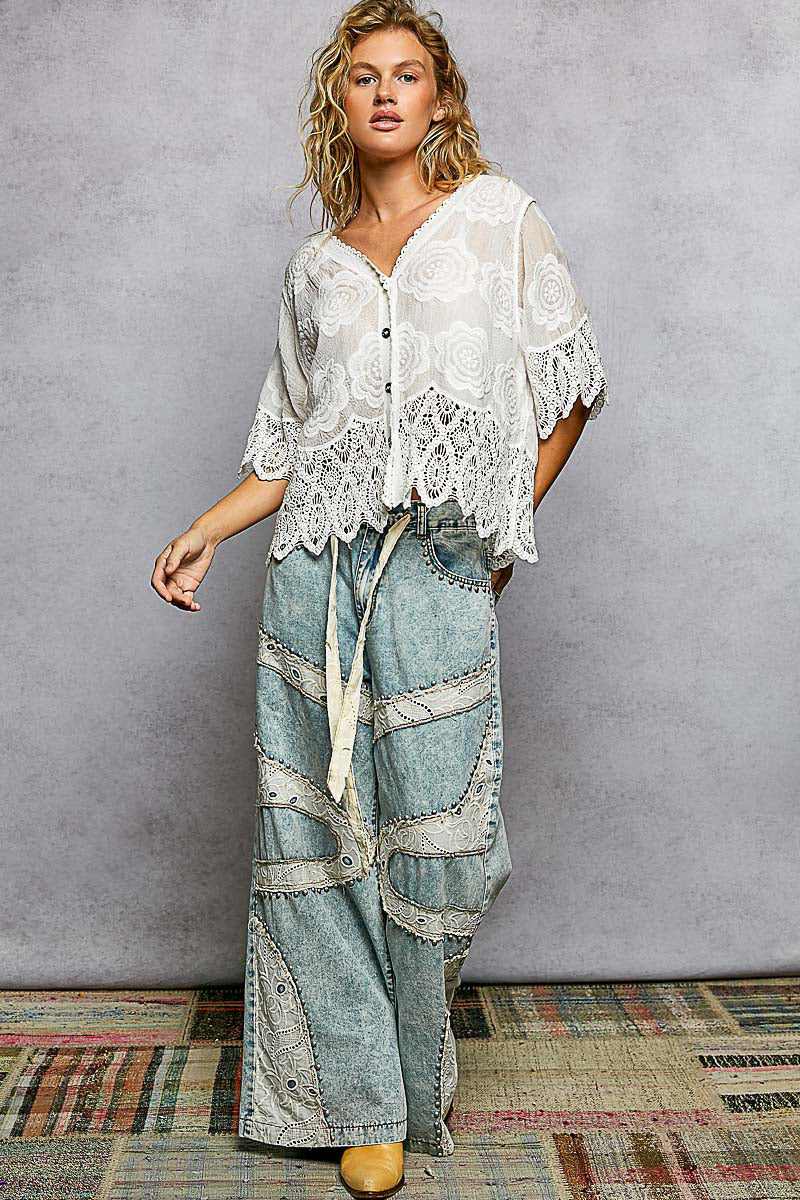 Helen Off White Embroidered and Lace Top