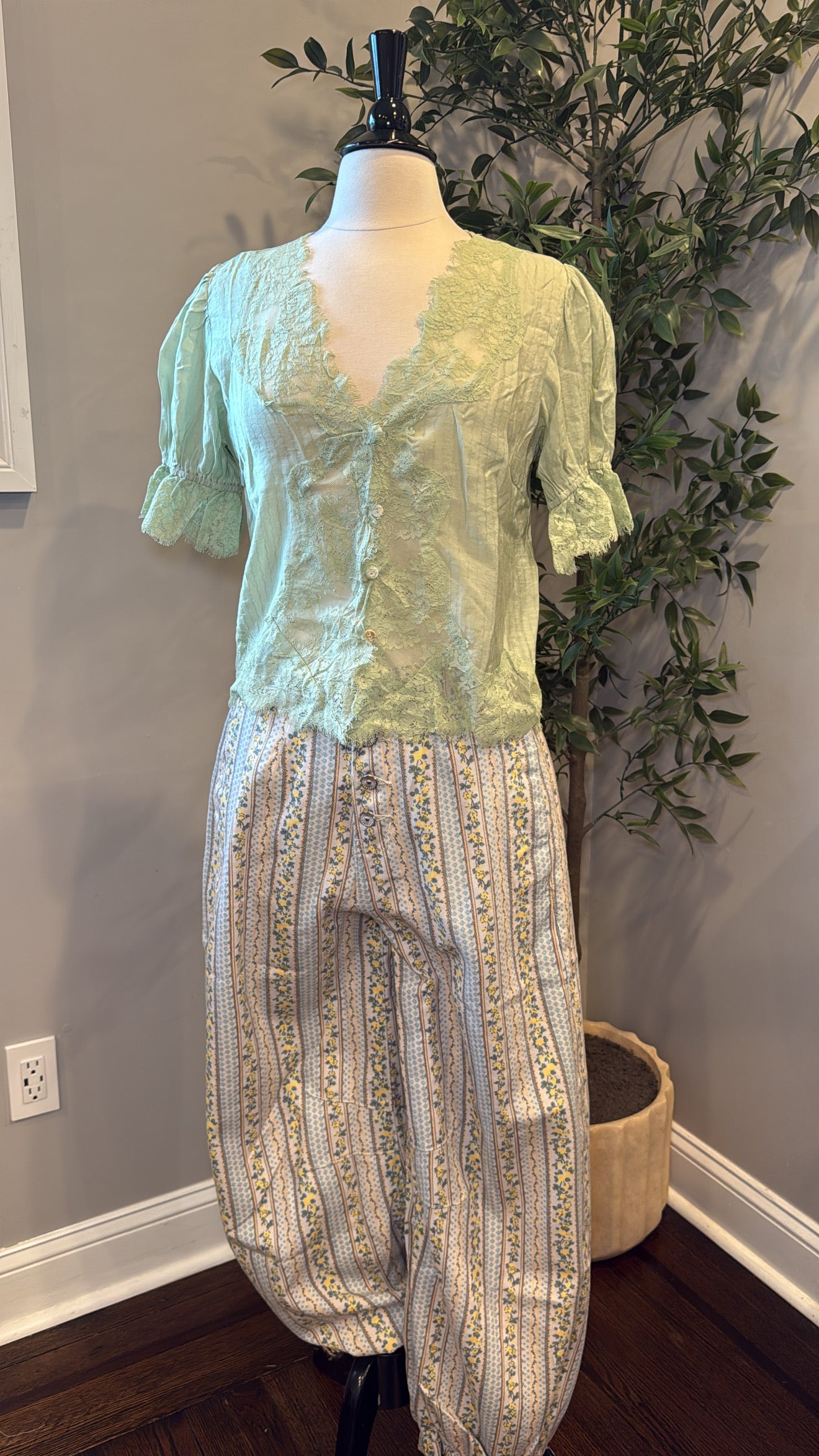 Whitney Sage Green Lace Button top