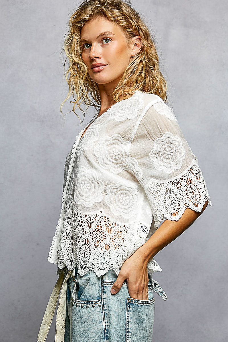 Helen Off White Embroidered and Lace Top